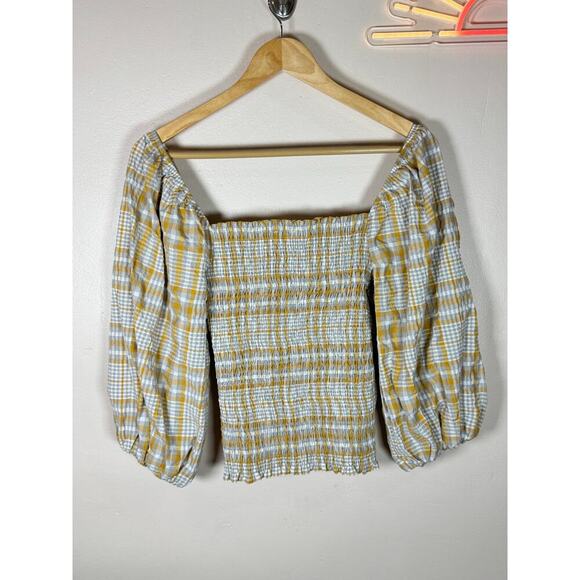 Maeve plaid square neck blouse neutral motif Cropped Puff Sleeve M Cottage Boho - Picture 5 of 11
